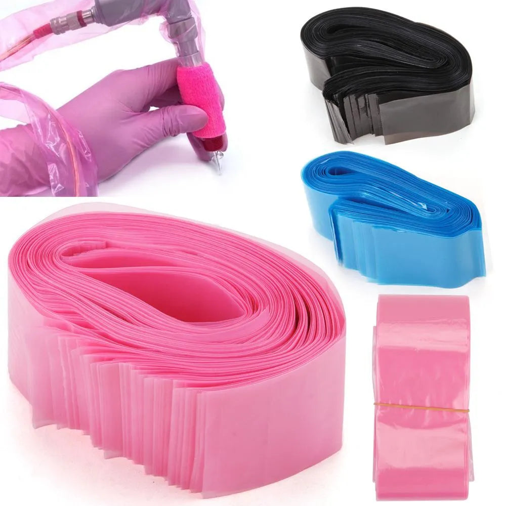 A collection of disposable cord sleeves in pink, black, and blue colors displayed in rolls and being used in a practical setting.